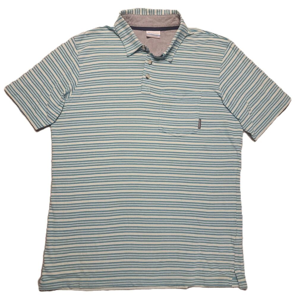 Columbia Mens M  Polo Short Sleeve Blue White Striped Pocket Stretch Golf Casual